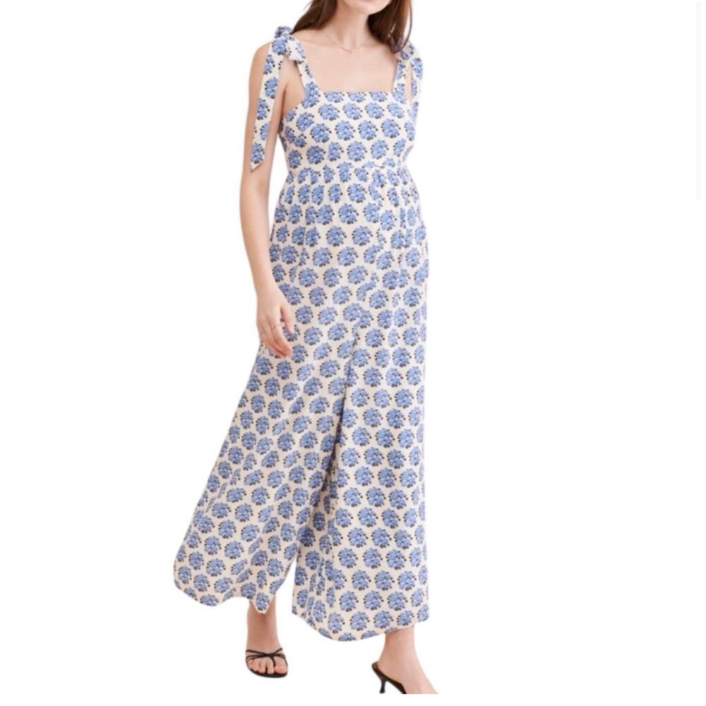 Yumie Kim Blue Floral Tie-Strap Maternity Jumpsuit size M Used